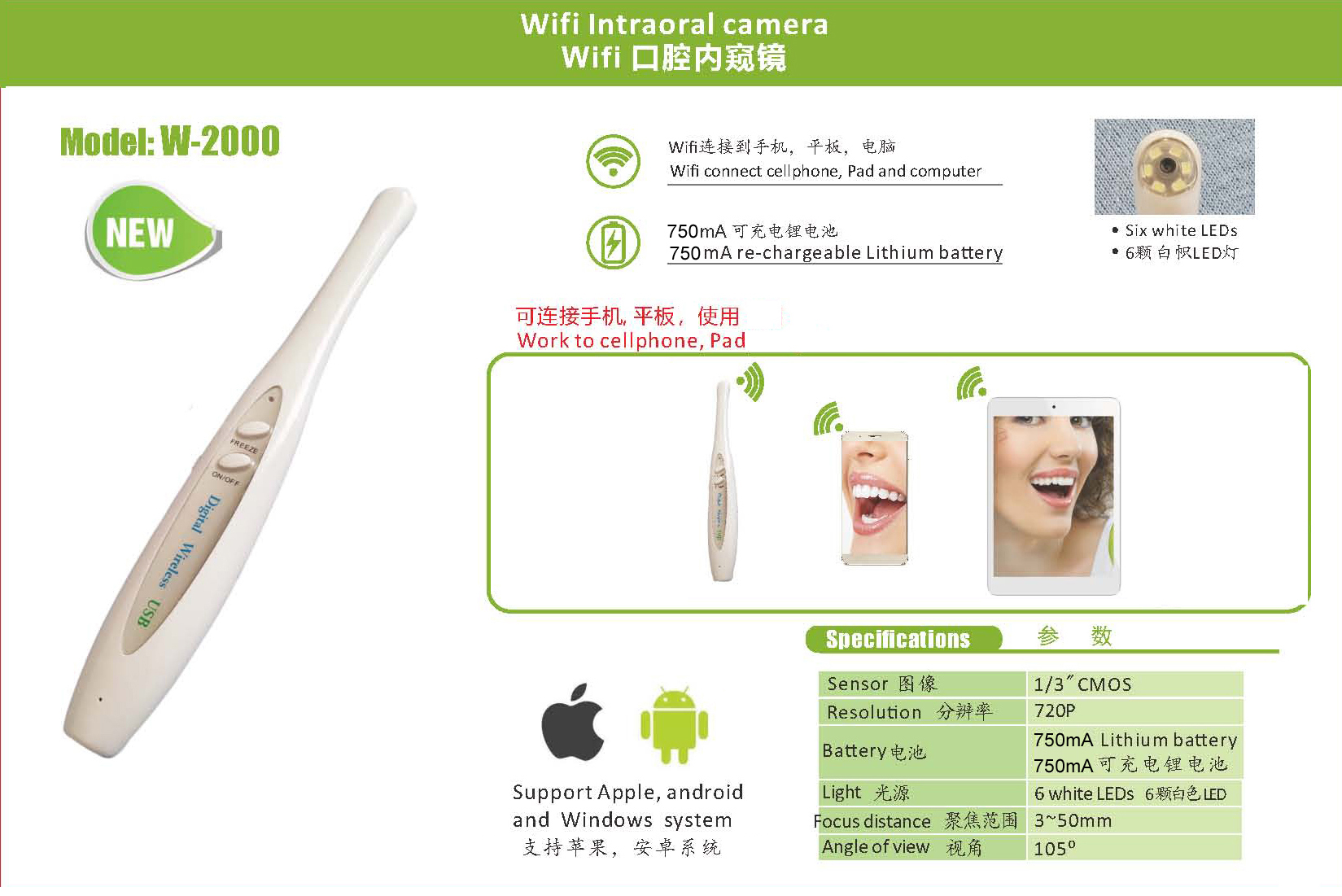 Close-up of the MD-100 intraoral camera showcasing the 1/3 CMOS sensor and ergonomic handle